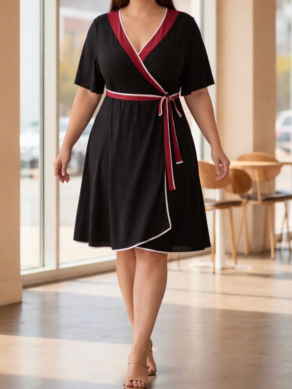 NWT NY Collection Black and Red Faux Wrap Knit Sporty Colorblock Dress Size 2X